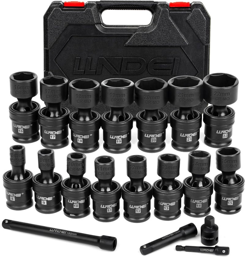 LLNDEI 3/8" Drive Universal Impact Socket Set, 19 Pieces CR-MO Swivel Socket Set, Metric(8-22mm) Wobble Sockets 6 Point with Extension Bars, Adapter and Black Organizer - Image 1